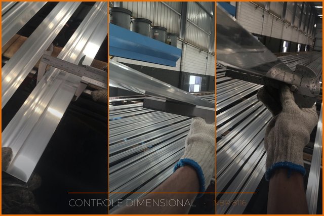 Controle dimensional de perfil de alumínio: paquímetro, régua e goniômetro medindo largura, planicidade e ângulo — NBR 8116