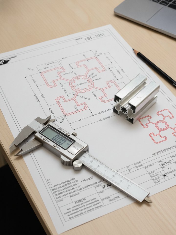 Desenho técnico de perfil de alumínio sob medida sobre mesa de engenharia